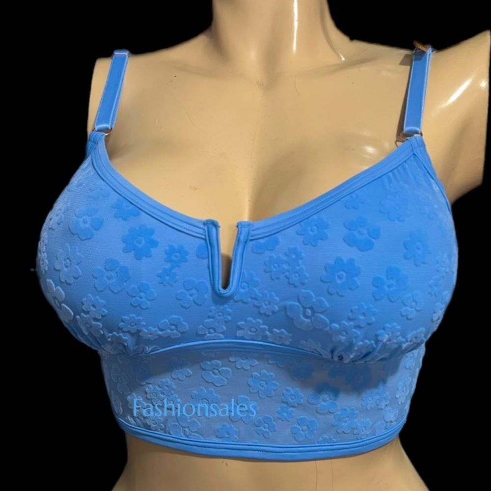 Victorias Secret Pink Padded Velvet Flowers Long bralette bra crop top blue XL